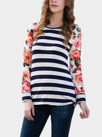 Wholesale Round Neck Stripe Floral Print Long Sleeve T-Shirts