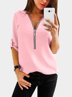 Wholesale V-Neck Zip Back Long Sleeve Curved Hem Pink T-Shirts