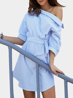 Wholesale Blue One Shoulder 3/4 Length Sleeve Stripe Sexy Dresses