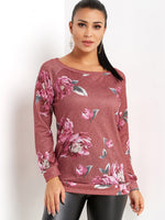 Wholesale Round Neck Floral Print Long Sleeve Red T-Shirts