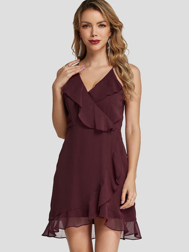 Wholesale Wine Red V-Neck Sleeveless Plain Spaghetti Strap Wrap Flounced Hem Mini Dresses