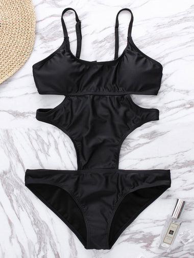 Wholesale Black Crew Neck Sleeveless Backless Cut Out One-Pieces