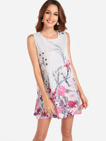 Wholesale White Crew Neck Floral Print Sleeveless Dresses