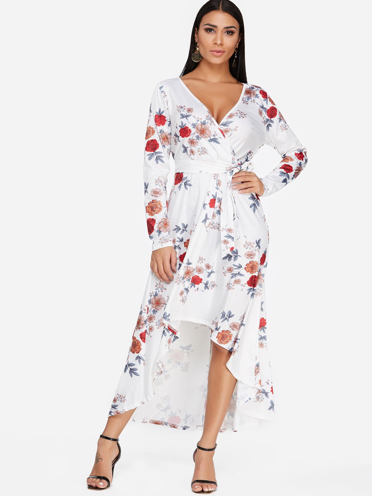 floral printed long sleeve v-neck self tie maxi dress Wholesale White Deep V Neck Long Sleeve Floral Print Crossed Front Slit Self -Tie High-Low Hem Dress