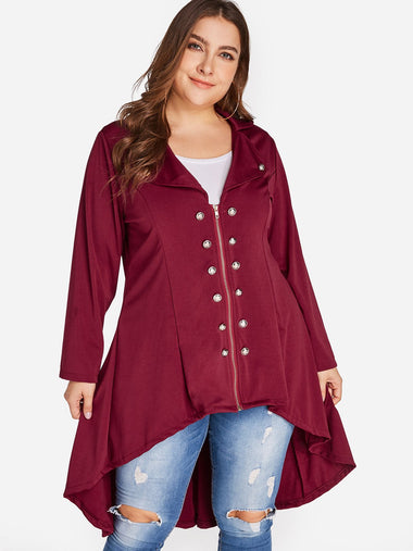 Wholesale Lapel Collar Plain Zip Front Long Sleeve Burgundy Plus Size Coats & Jackets