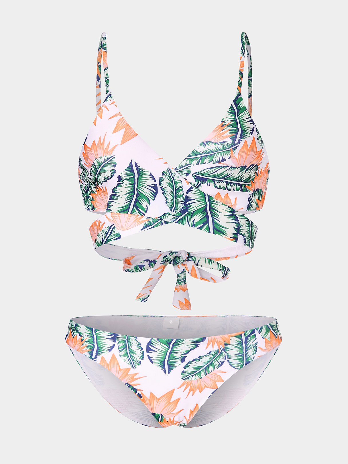 Wholesale V-Neck Crossed Collar Floral Print Spaghetti Strap Tie-Up Sleeveless Bikini Set