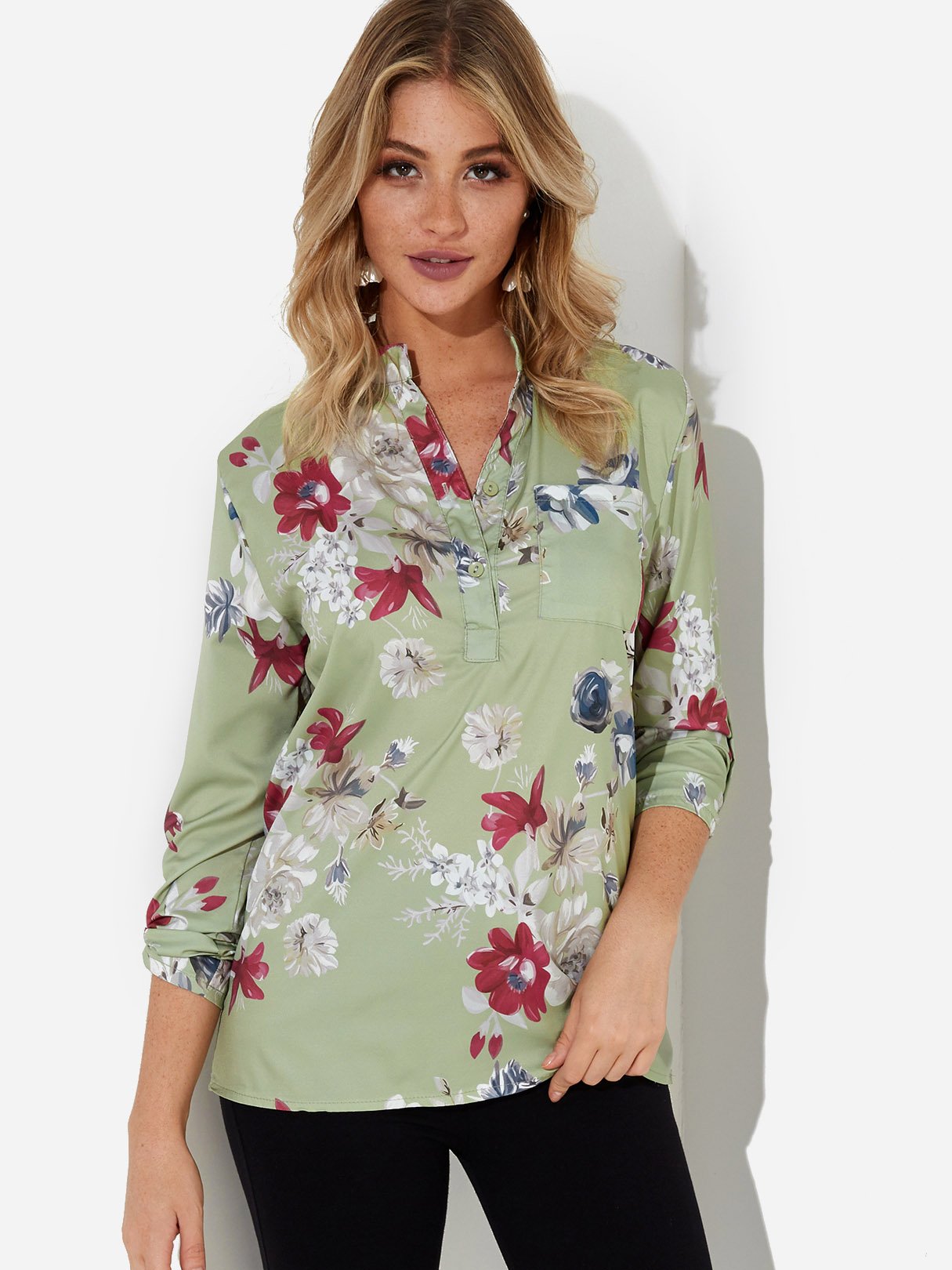 Wholesale Crew Neck Floral Print 3/4 Sleeve Green Blouses