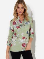 Wholesale Crew Neck Floral Print 3/4 Sleeve Green Blouses