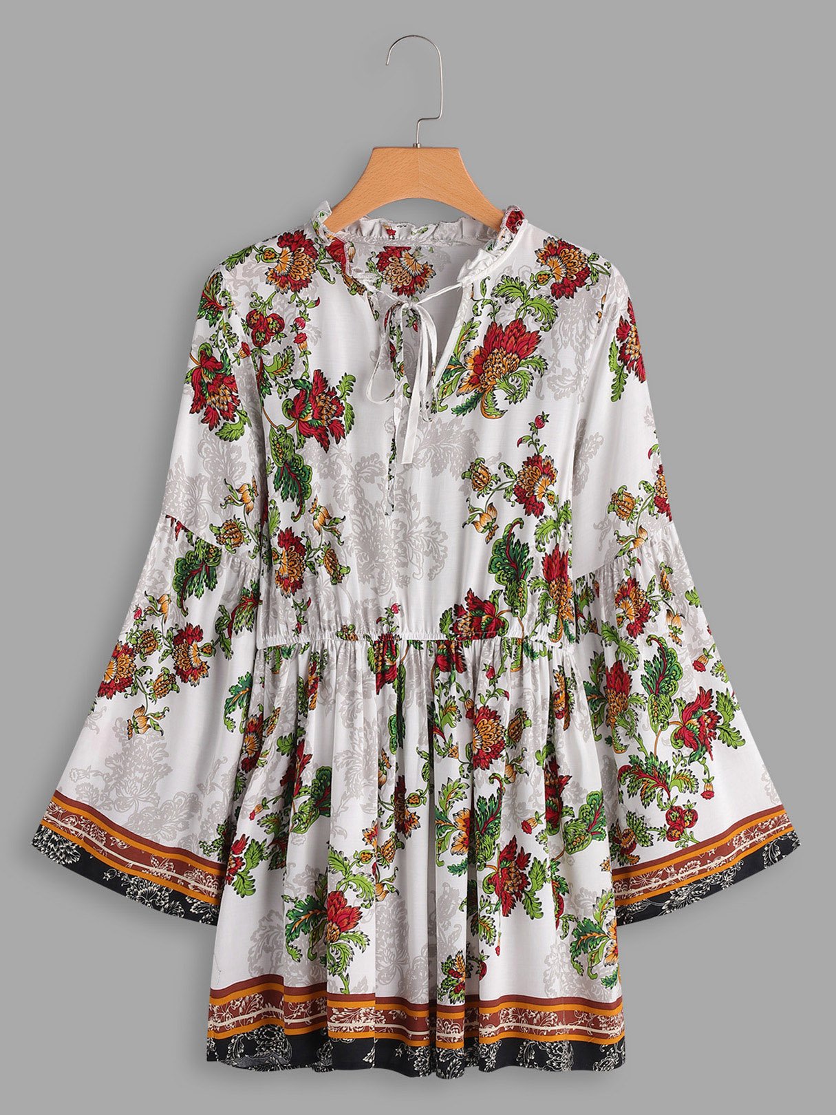 Wholesale White V-Neck Long Sleeve Floral Print Ruffle Hem Dresses