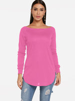 Wholesale Round Neck One Shoulder Plain Long Sleeve Curved Hem T-Shirts