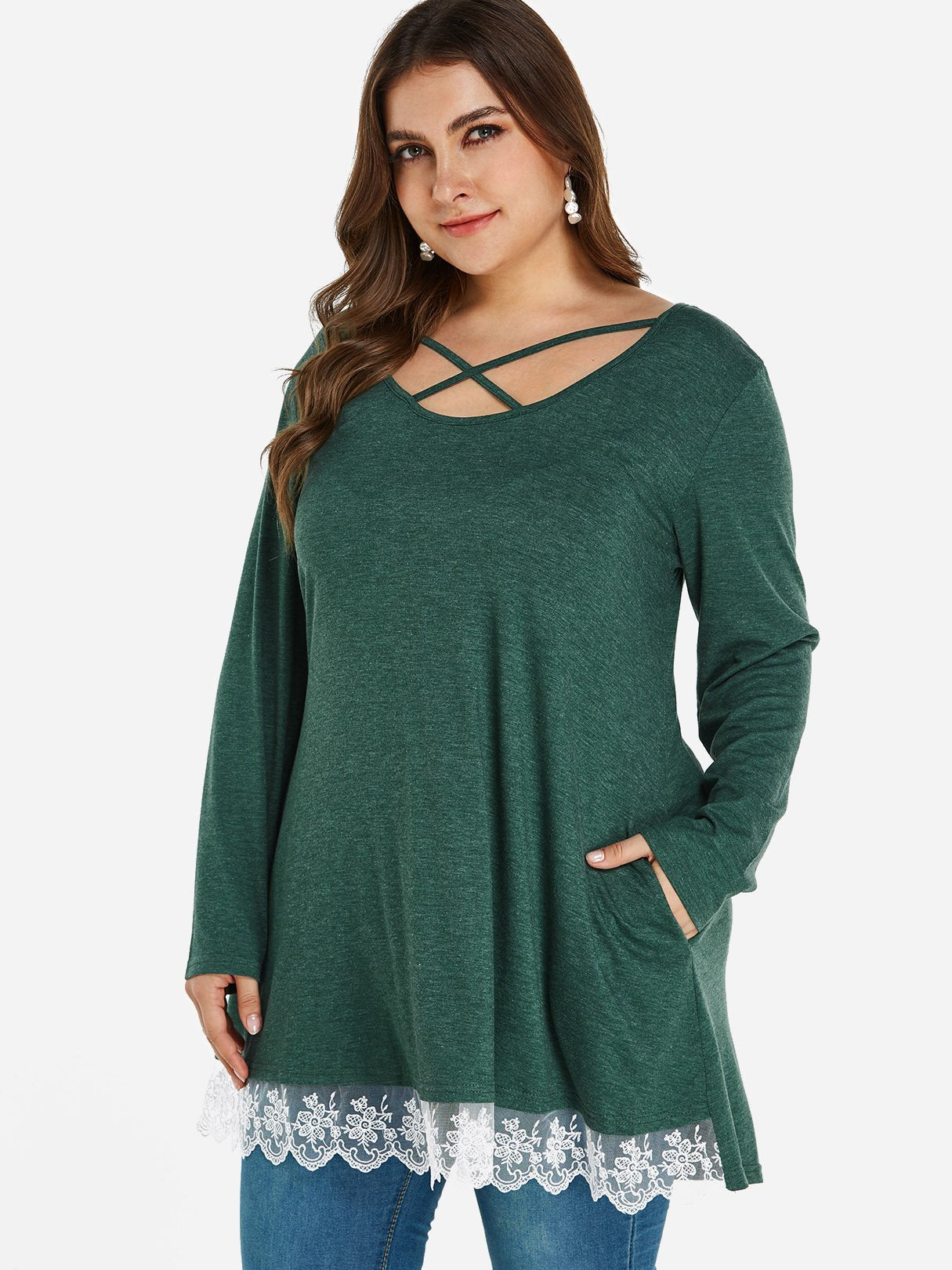 Wholesale Round Neck Plain Lace Long Sleeve Oversized Tops