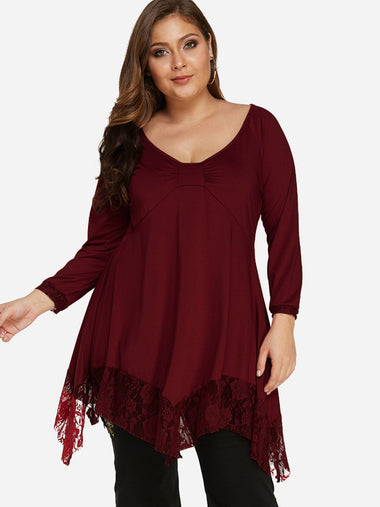 Wholesale Scoop Neck Plain Lace Pleated Long Sleeve Irregular Hem Plus Size Tops