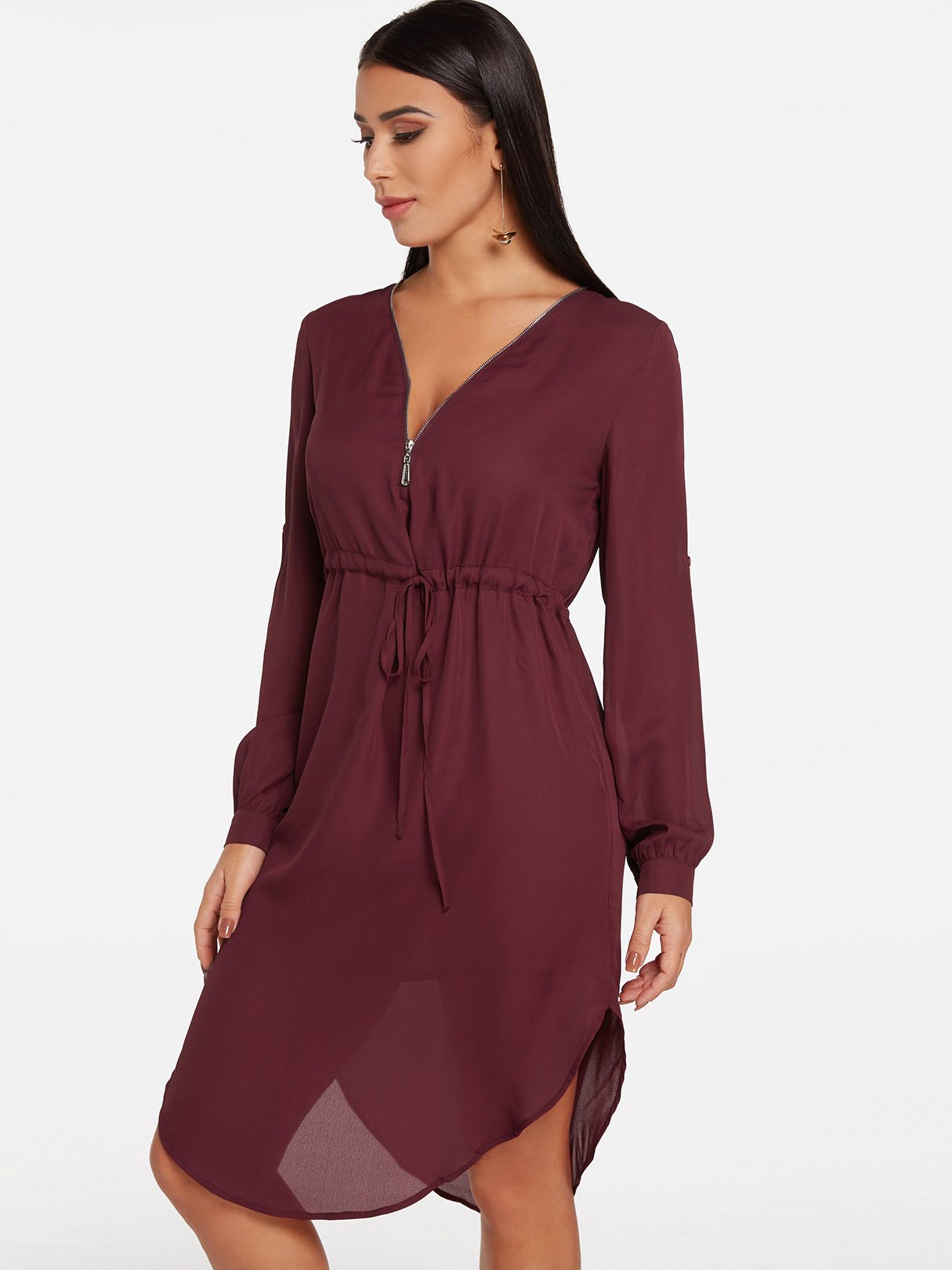 OEM Ladies Burgundy V-Neck Dresses