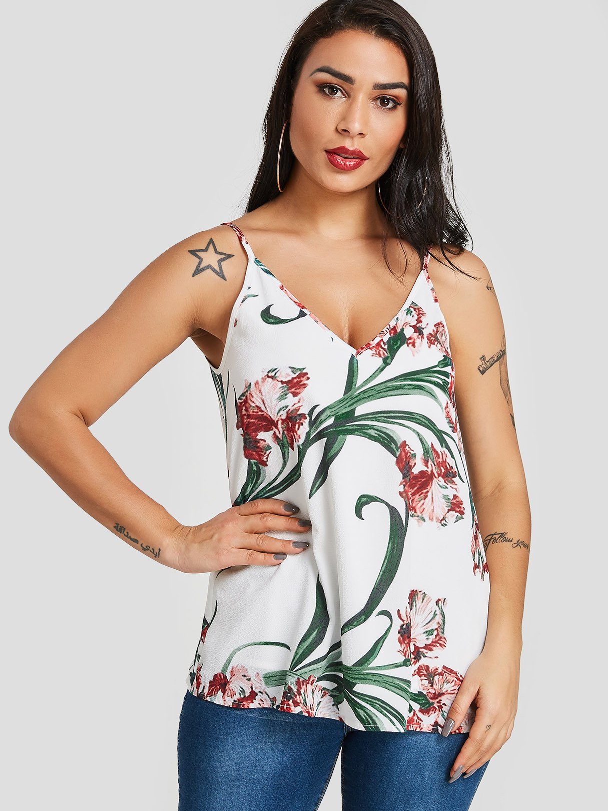 Wholesale V-Neck Floral Print Spaghetti Strap Sleeveless White Camis
