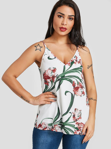 Wholesale V-Neck Floral Print Spaghetti Strap Sleeveless White Camis