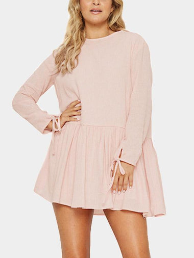 Wholesale Pink Round Neck Long Sleeve Lace-Up Ruffle Hem Mini Dress