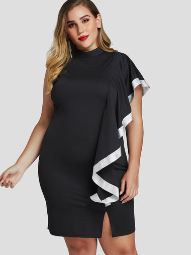 Wholesale Crew Neck Plain Slit Sleeveless Black Plus Size Dress