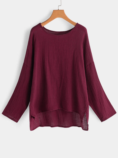 Wholesale Round Neck Plain Long Sleeve High-Low Hem Burgundy Plus Size Tops