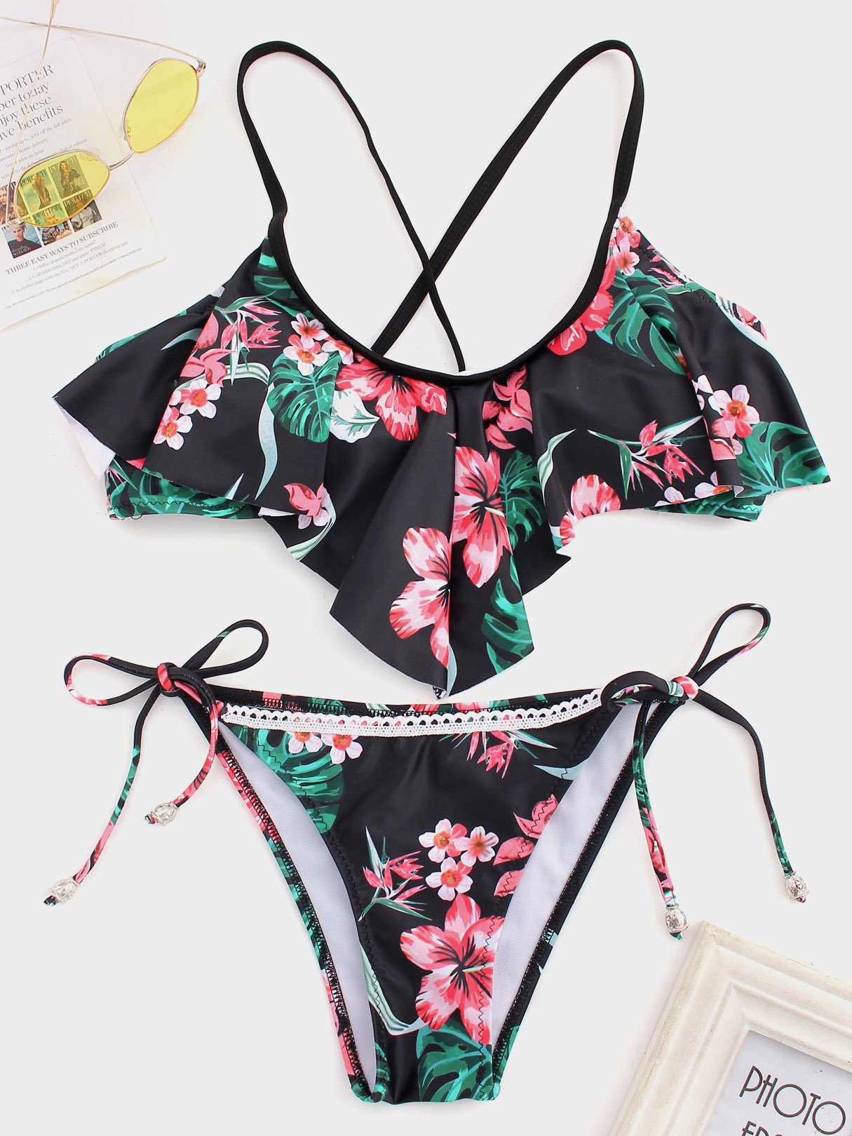 Wholesale Round Neck Sleeveless Floral Print Criss-Cross Tie-Up Bikinis