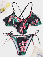 Wholesale Round Neck Sleeveless Floral Print Criss-Cross Tie-Up Bikinis
