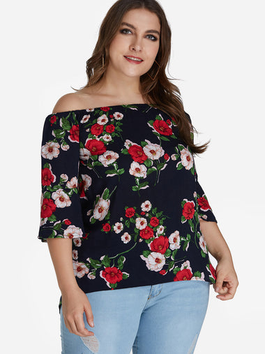 Wholesale Off The Shoulder Floral Print 3/4 Sleeve Curved Hem Black Plus Size Tops