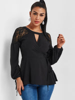 Wholesale Round Neck Crossed Front Tie-Up Long Sleeve Black Blouses