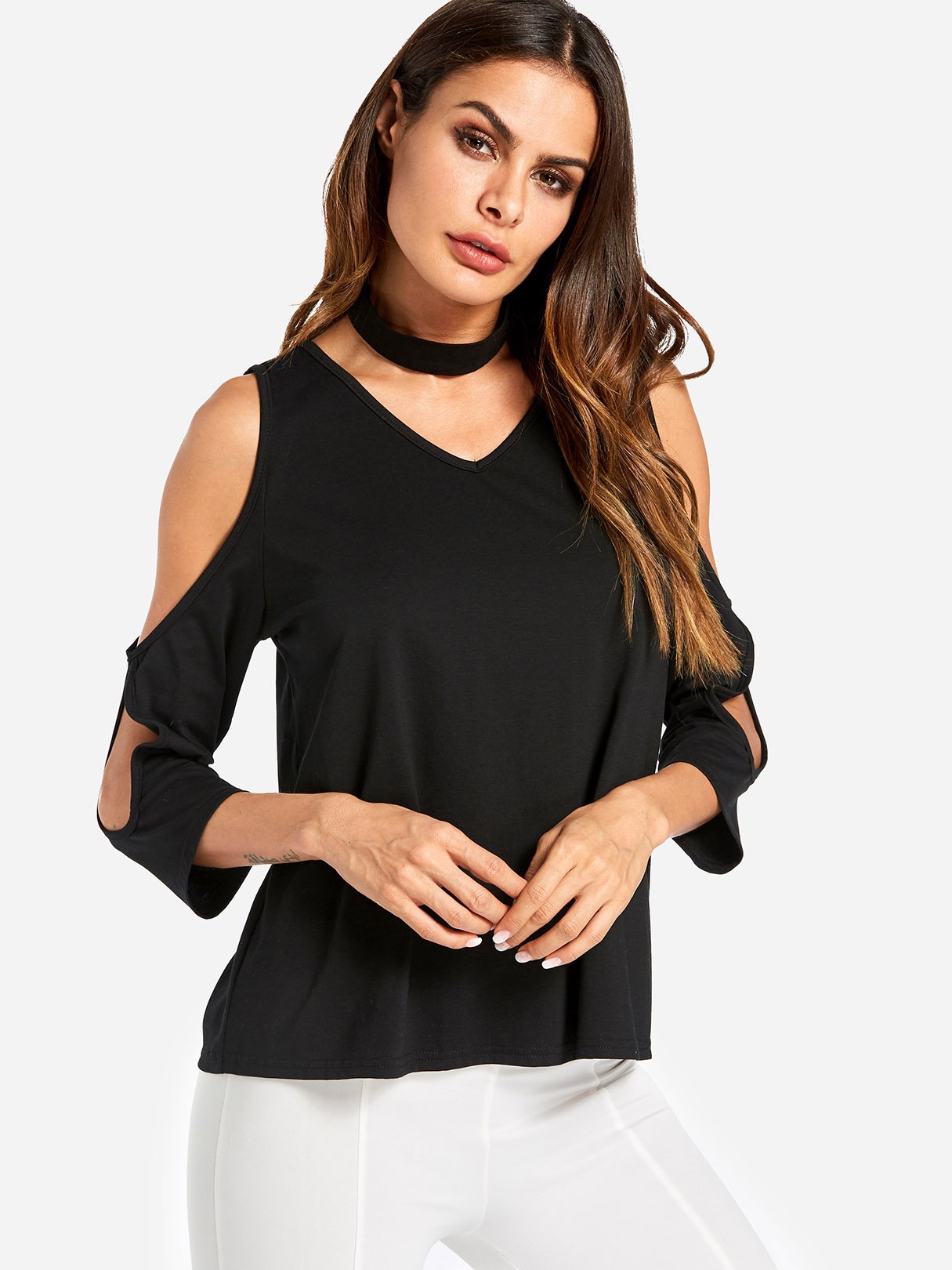 Wholesale V-Neck Cold Shoulder Plain Cut Out Half Sleeve Black Top