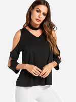 Wholesale V-Neck Cold Shoulder Plain Cut Out Half Sleeve Black Top