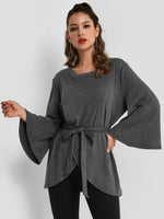 Wholesale Round Neck Self-Tie Long Sleeve Grey Top