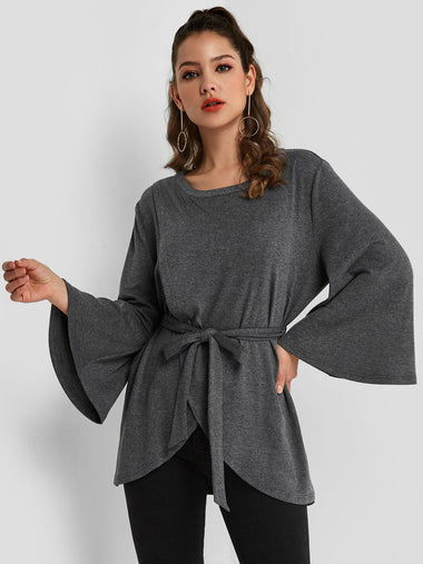 Wholesale Round Neck Self-Tie Long Sleeve Grey Top