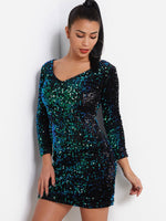 Wholesale V-Neck Sequins Embellished 3/4 Length Sleeve Green Dresses