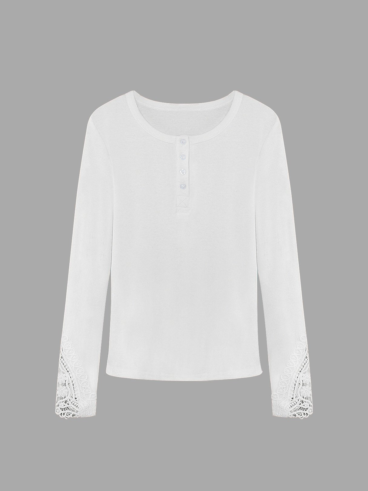 Wholesale V-Neck Lace Long Sleeve Curved Hem White Top