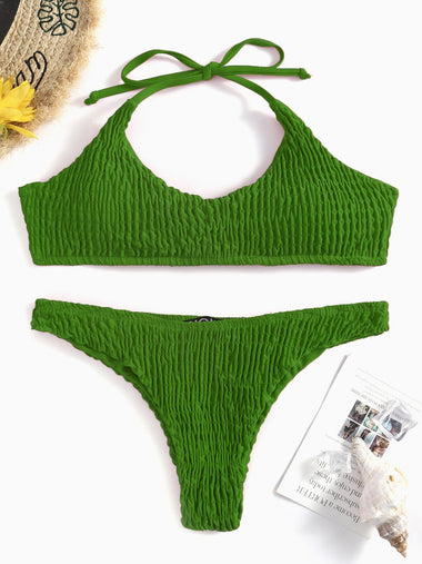 Wholesale Green Scoop Neck Sleeveless Plain Backless Stitching Hem Two Piece Bikinis