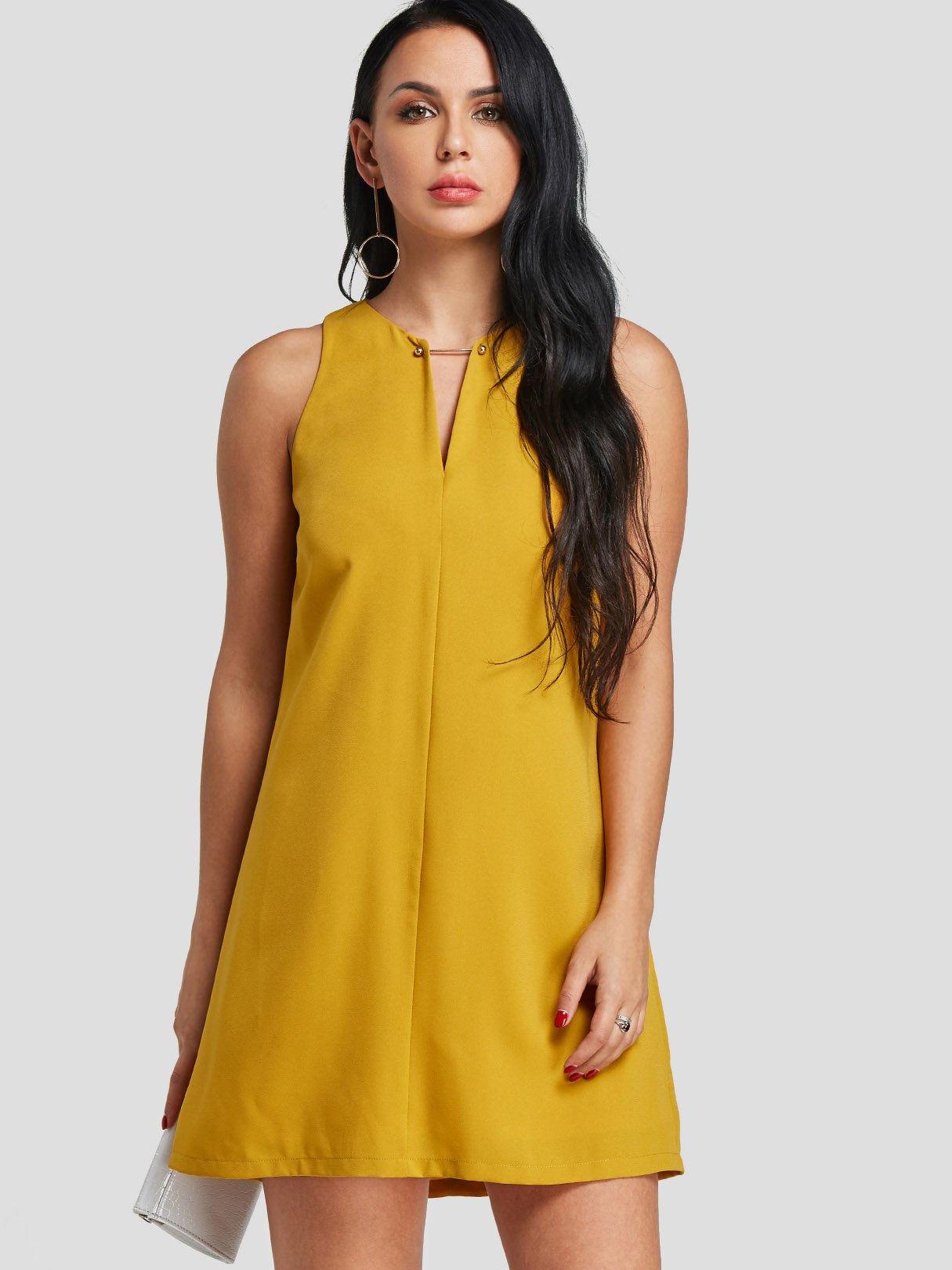 Wholesale Yellow V-Neck Sleeveless Plain Slit Dresses