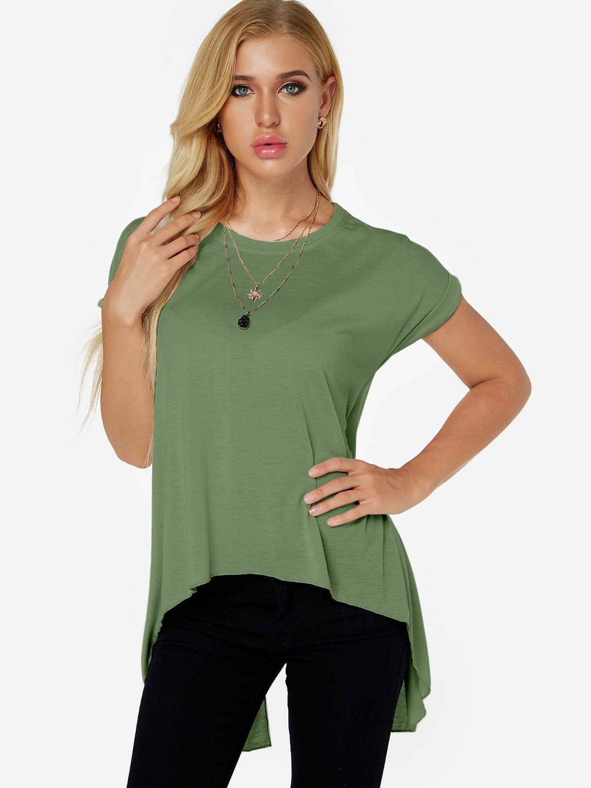 Wholesale Crew Neck Plain Slit Short Sleeve Irregular Hem Green T-Shirts