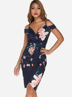 Wholesale Navy Cold Shoulder Deep V Neck Sleeveless Floral Print Crossed Front Slit Hem Dresses