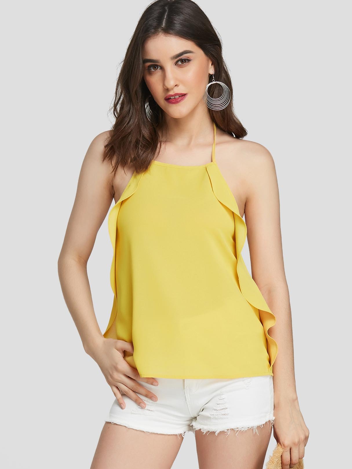 Wholesale Halter Plain Tassel Backless Double Layer Sleeveless Yellow Camis