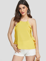Wholesale Halter Plain Tassel Backless Double Layer Sleeveless Yellow Camis