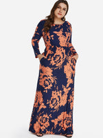 Wholesale Round Neck Floral Print Long Sleeve Plus Size Dress