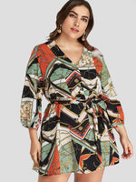 Wholesale V-Neck Floral Print 3/4 Sleeve Plus Size Dress