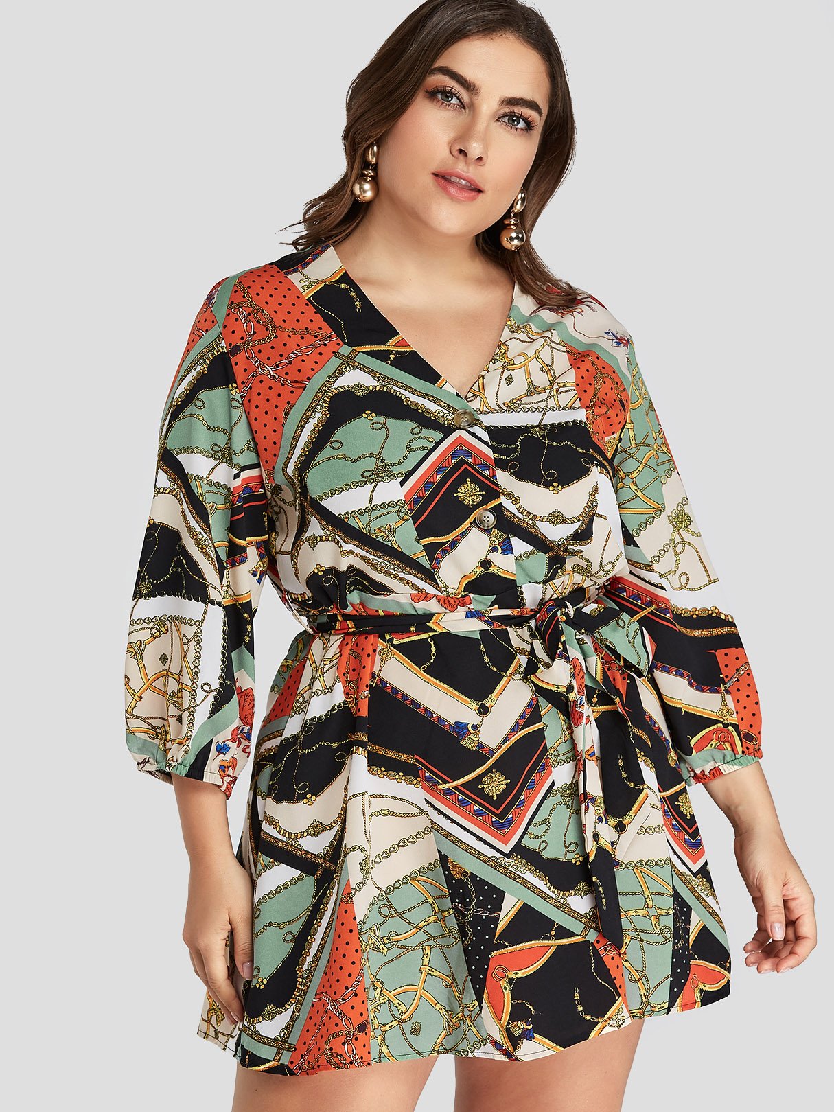 Wholesale V-Neck Floral Print 3/4 Sleeve Plus Size Dress