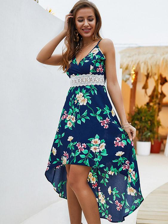 Wholesale V-Neck Sleeveless Floral Print Lace Spaghetti Strap High-Low Hem Dresses