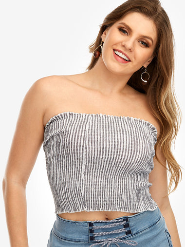 Wholesale Off The Shoulder Stripe Backless Sleeveless Grey Plus Size Tops