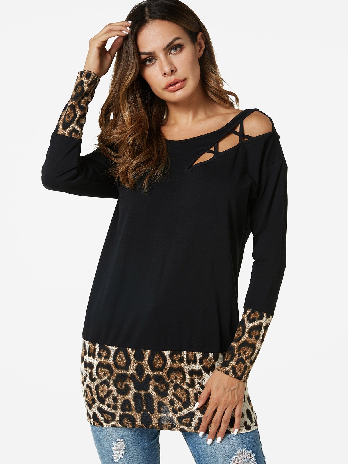 Wholesale Round Neck Leopard Lace-Up Cut Out Long Sleeve Black T-Shirts