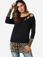 Wholesale Round Neck Leopard Lace-Up Cut Out Long Sleeve Black T-Shirts