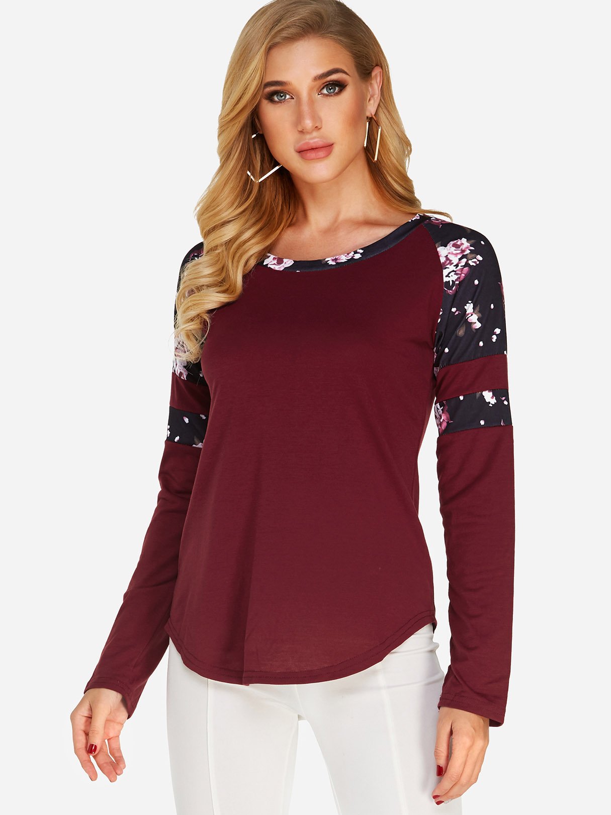 Wholesale Round Neck Floral Print Long Sleeve Curved Hem Burgundy T-Shirts