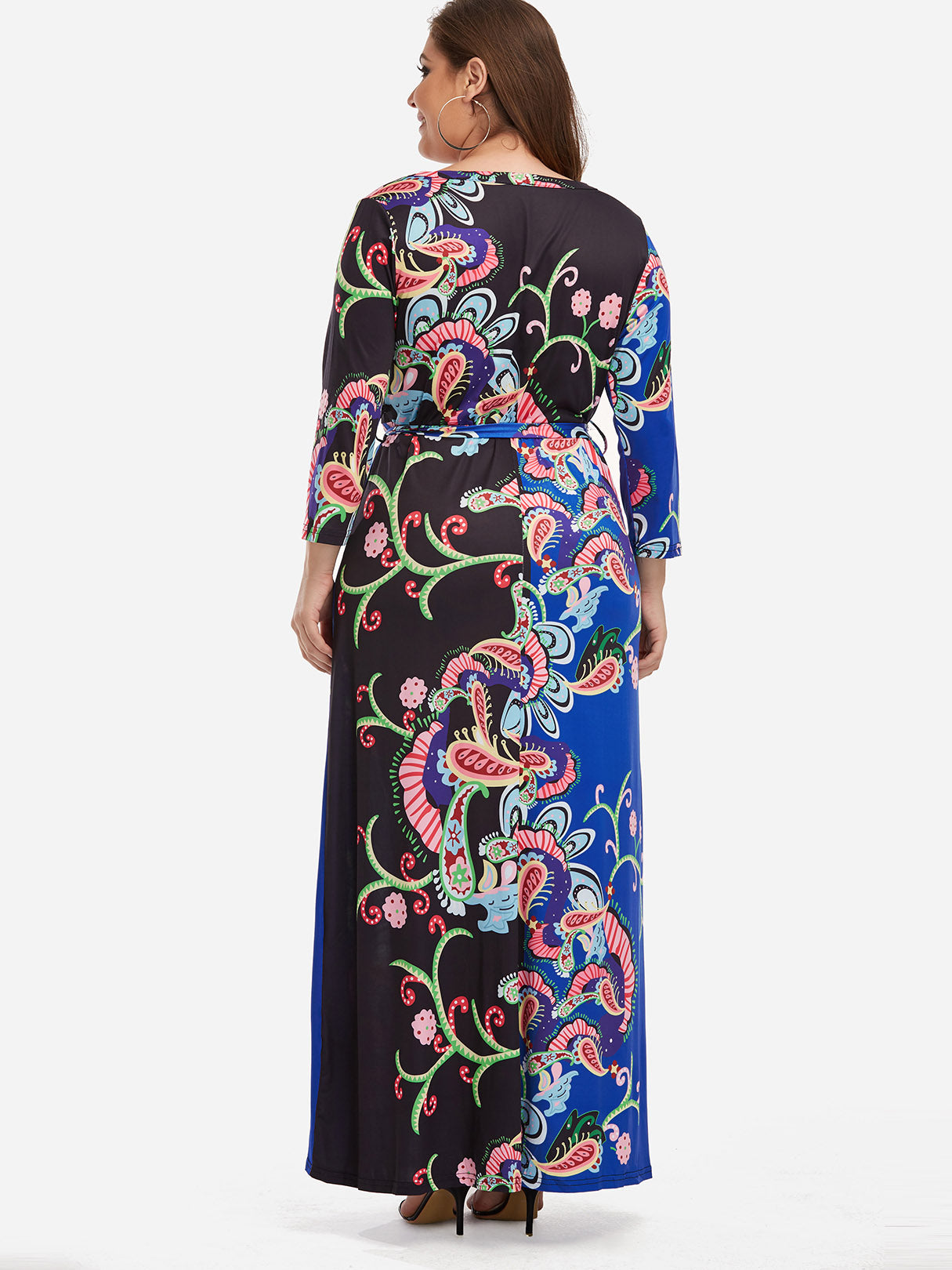 Wholesale V-Neck Self-Tie Wrap Long Sleeve Plus Size Maxi Dresses