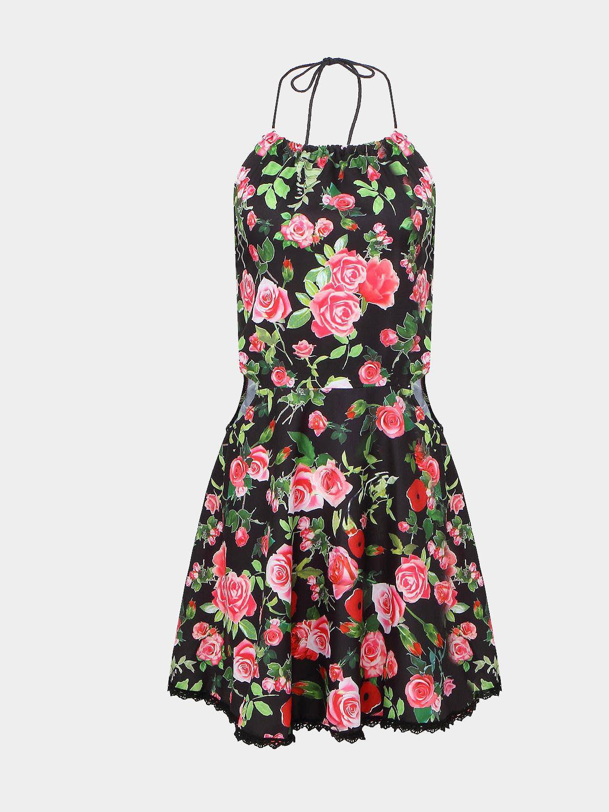 Wholesale Floral Print Halter Dresses With Cut Out Detail