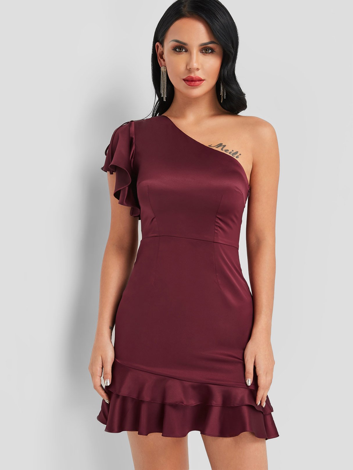Wholesale Burgundy One Shoulder Short Sleeve Plain Zip Back Ruffle Hem Sexy Dresses