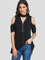 Wholesale Halter Cold Shoulder Plain Zip Back Half Sleeve High-Low Hem T-Shirts